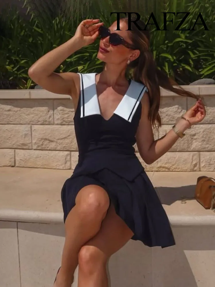 TRAFZA Women Elegant Sexy Slim Turn-down Collar Zipper A-Line Dress Summer Female Solid Wide Fold Sleeveless Mini Dress Mujer 
TRAFZA Women Elegant Sexy Slim Turn-down Collar Zipper A-Line Dress Summer Female Solid Wide Fold Sleeveless Mini Dress Mujer