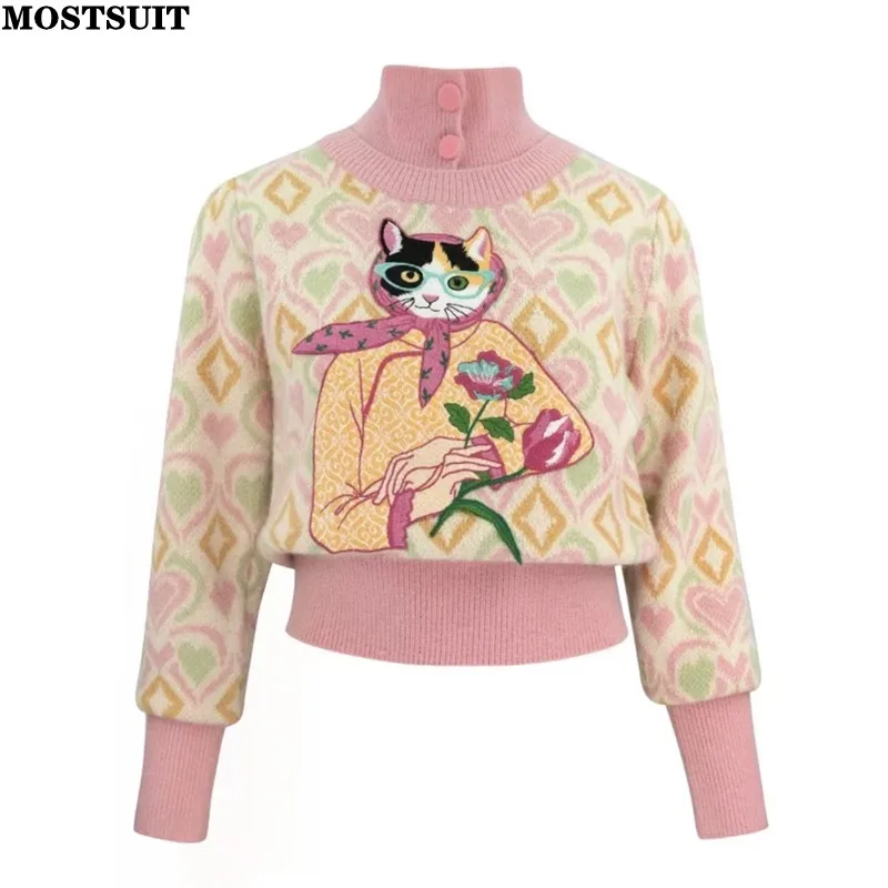 Pink Jacquard Sweater Women Cartoon Embroidery Turtleneck Long Sleeve Tops Pullovers 2025 Spring Stylish Chic Fashion Jumpers
Pink Jacquard Sweater Women Cartoon Embroidery Turtleneck Long Sleeve Tops Pullovers 2025 Spring Stylish Chic Fashion Jumpers