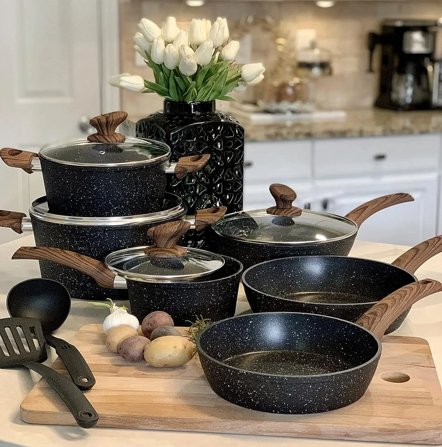 Induction Cookware Sets - 12 Piece Cooking Pan Set, Granite Black Nonstick Pots and Pans Set
Induction Cookware Sets - 12 Piece Cooking Pan Set, Granite Black Nonstick Pots and Pans Set