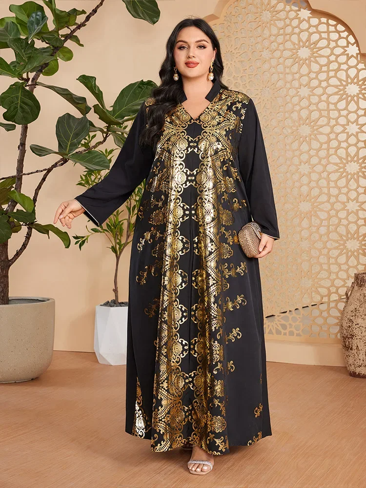 Muslim Dress Ethnic Spring Autumn New Loose Women Oversized Dress With Gold Stamping Printing Long Sleeves Dress V-neck Robe
Muslim Dress Ethnic Spring Autumn New Loose Women Oversized Dress With Gold Stamping Printing Long Sleeves Dress V-neck Robe