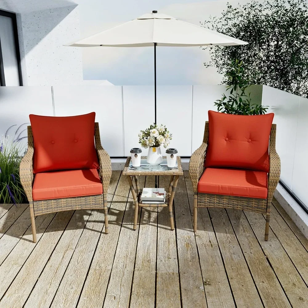 3 Pieces Patio Conversation Set, Outdoor Wicker Chairs Set of 2, Rattan Furniture with Cushion and Glass Top Side Table
3 Pieces Patio Conversation Set, Outdoor Wicker Chairs Set of 2, Rattan Furniture with Cushion and Glass Top Side Table