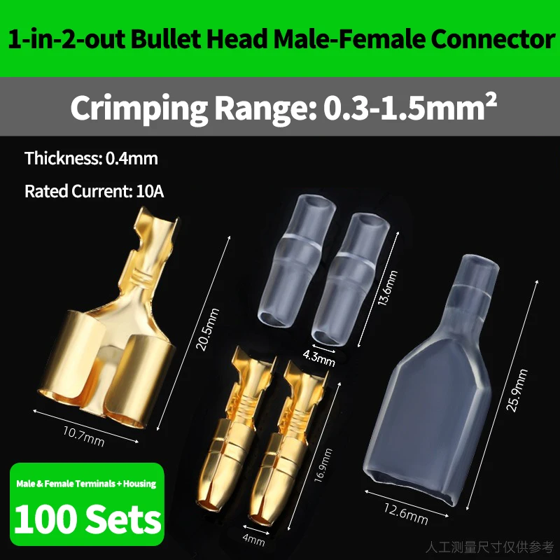 10 20 50 Sets One Female and Two Male 4.0 Bullet Terminal Electrical Wire Connector Diameter Male Female 1:2 Transparent Sheath
10 20 50 Sets One Female and Two Male 4.0 Bullet Terminal Electrical Wire Connector Diameter Male Female 1:2 Transparent Sheath