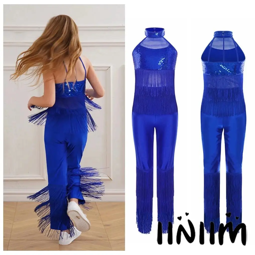 Girls Tiered Tassels Sparky Sequins Jumpsuit for Jazz Latin Cha-Cha Tango Dance Party Kids Patchwork Fringed Halter Bodysuit
Girls Tiered Tassels Sparky Sequins Jumpsuit for Jazz Latin Cha-Cha Tango Dance Party Kids Patchwork Fringed Halter Bodysuit