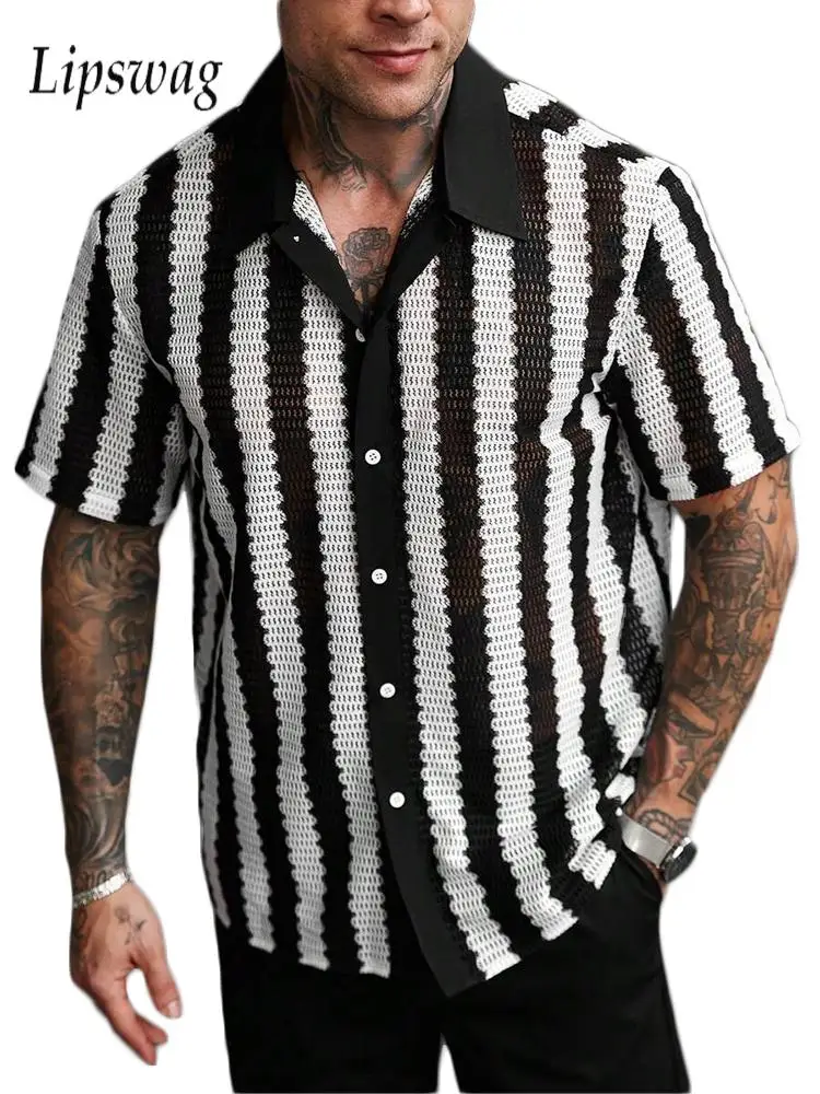 Fashion Knitted Striped Shirts Mens Summer Casual Breathable Hollow Out Knit Shirt For Men Vintage Buttoned Lapel Cardigan Top
Fashion Knitted Striped Shirts Mens Summer Casual Breathable Hollow Out Knit Shirt For Men Vintage Buttoned Lapel Cardigan Top