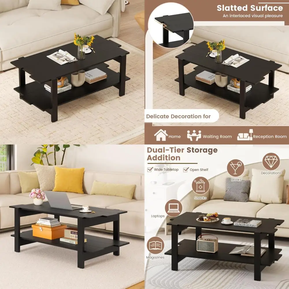45 Inch Modern Rectangular Coffee Table with Slatted Design and Side Rail Support for Living Room Storage
45 Inch Modern Rectangular Coffee Table with Slatted Design and Side Rail Support for Living Room Storage