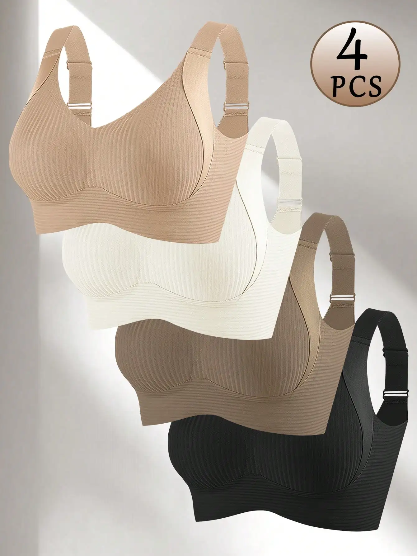 4-Pack Seamless Wireless Bra for Women - Full Coverage, Ribbed Design, Nylon & Elastic Blend
4-Pack Seamless Wireless Bra for Women - Full Coverage, Ribbed Design, Nylon & Elastic Blend