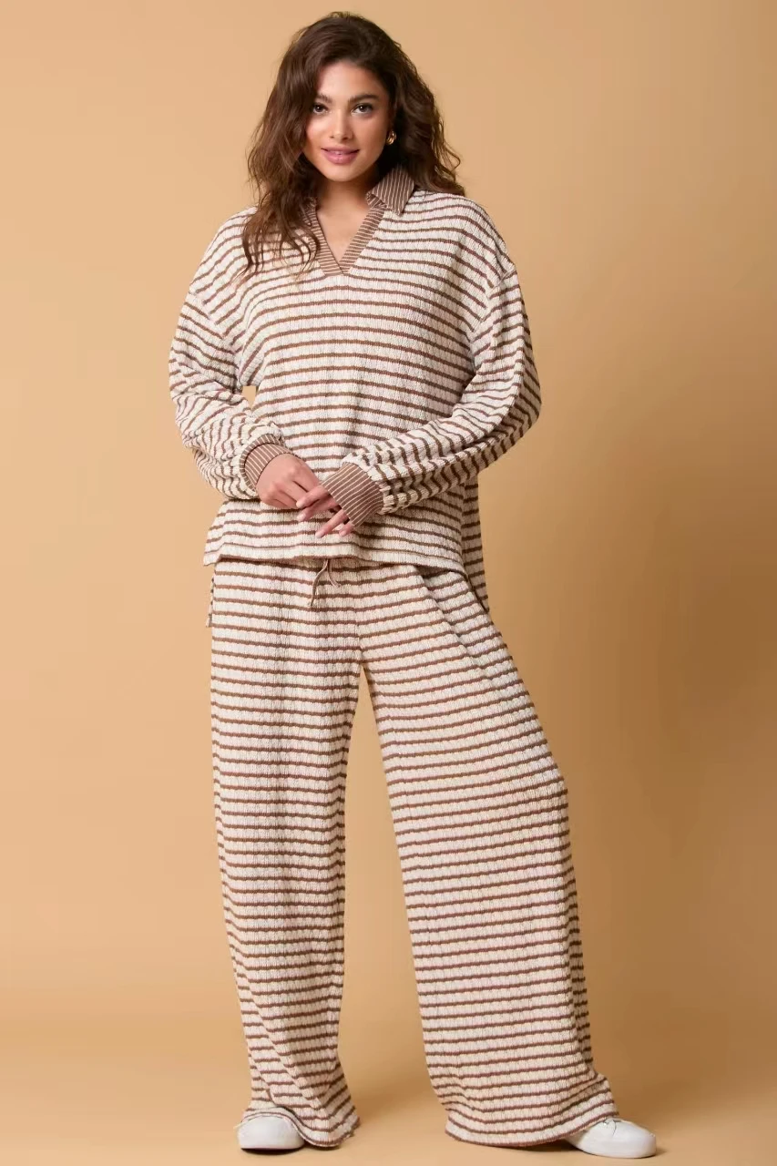 Stripe Long Sleeve T-shirts And Wide Leg Pant Two Piece Set Autumn Spring Pullovers Loose Trouser Women Suit
Stripe Long Sleeve T-shirts And Wide Leg Pant Two Piece Set Autumn Spring Pullovers Loose Trouser Women Suit