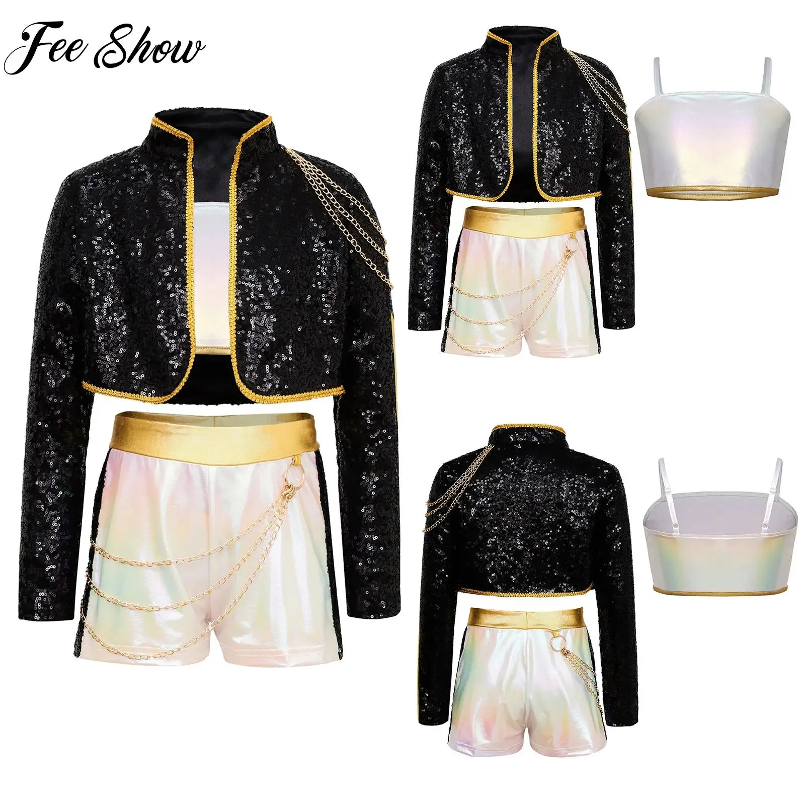 3Pcs Girls Demon Cosplay Singer Costume Outfit Iridescent Gloss Crop Top with Sequins Outer Wear And Shorts for Halloween Party
3Pcs Girls Demon Cosplay Singer Costume Outfit Iridescent Gloss Crop Top with Sequins Outer Wear And Shorts for Halloween Party