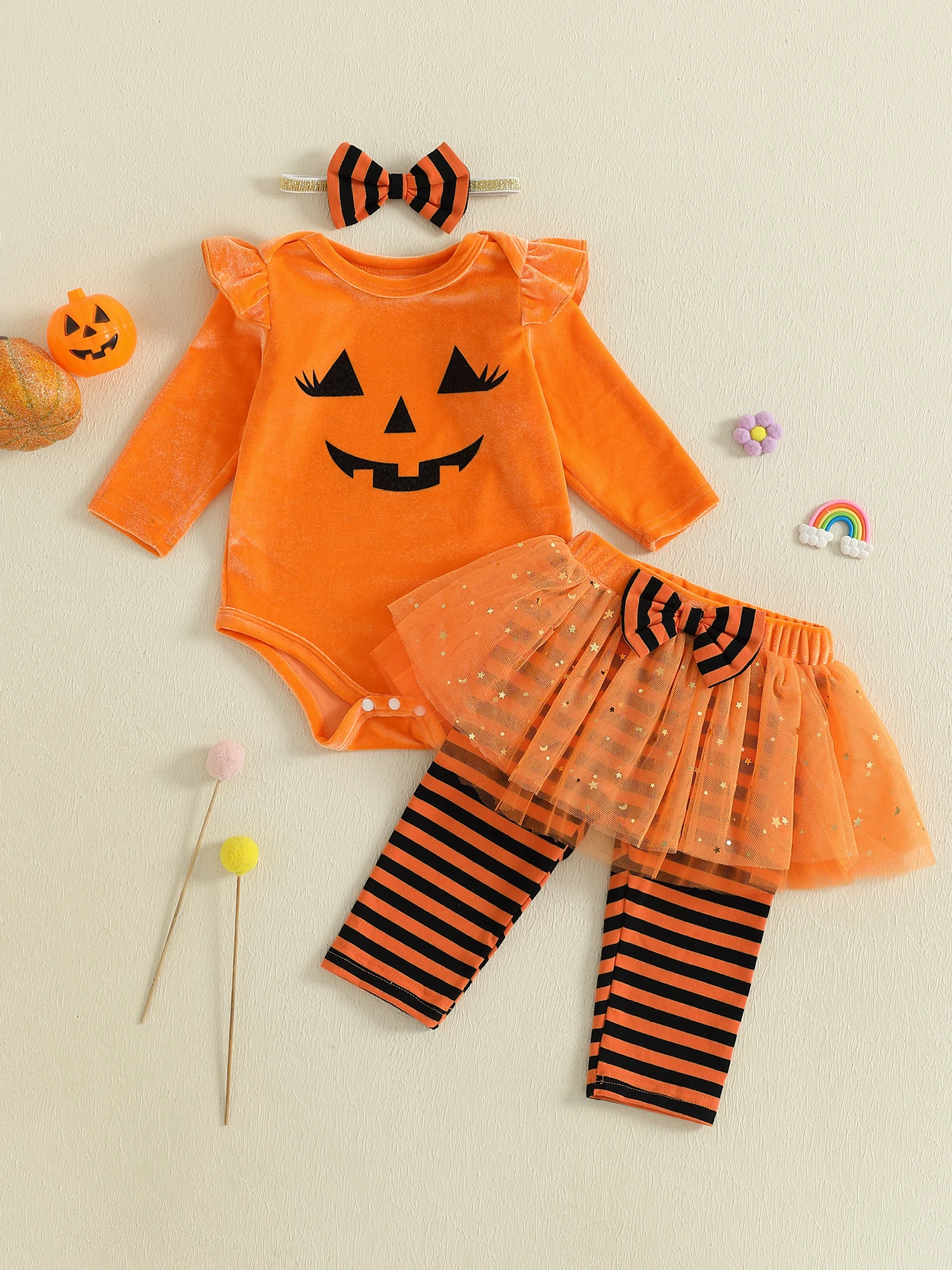 Cute Baby Halloween Costume Set with Pumpkin and Ghost Print Long Sleeve Romper Striped Pants and Bow Headband - 3 Piece
Cute Baby Halloween Costume Set with Pumpkin and Ghost Print Long Sleeve Romper Striped Pants and Bow Headband - 3 Piece