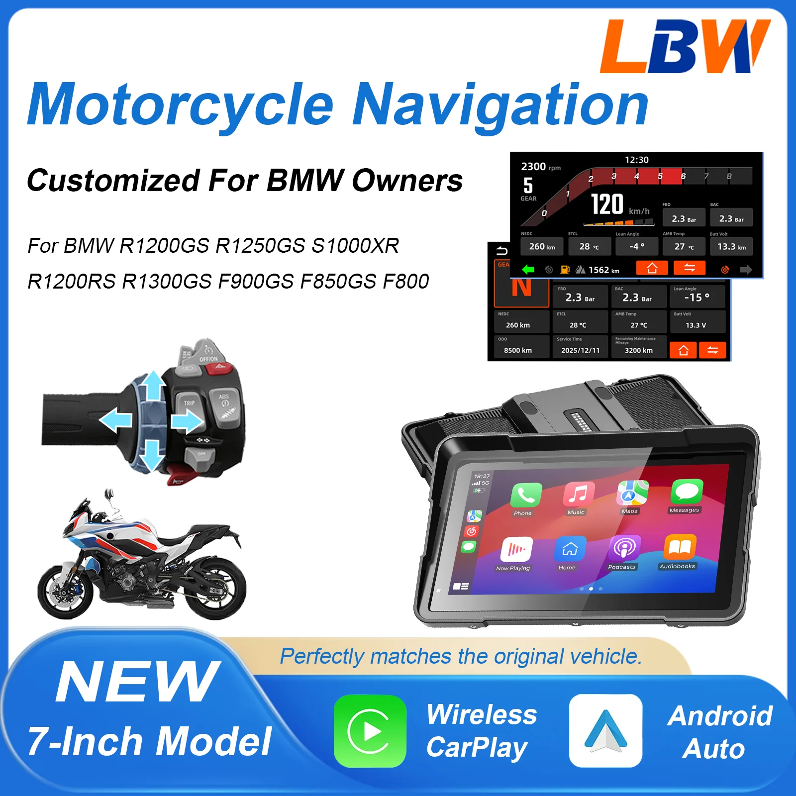 7 inch wireless Carplay Android Auto GPS navigation Fit For BMW R1200GS R1250GS F800 F900
7 inch wireless Carplay Android Auto GPS navigation Fit For BMW R1200GS R1250GS F800 F900