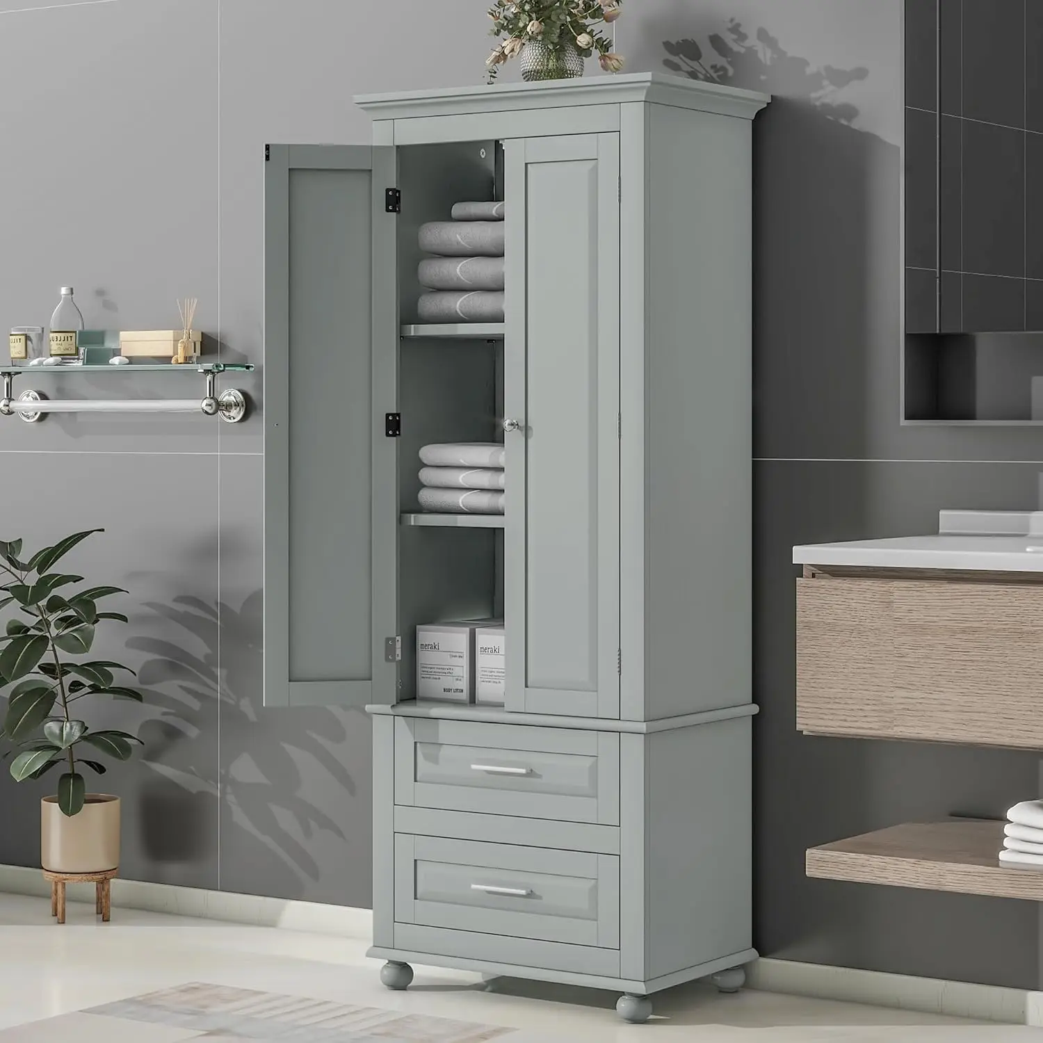 Tall Narrow Storage Cabinet with Doors,Drawers,and Adjustable Shelves, Wood Storage Cabinet Freestanding for Bathroom Office (Gr
Tall Narrow Storage Cabinet with Doors,Drawers,and Adjustable Shelves, Wood Storage Cabinet Freestanding for Bathroom Office (Gr