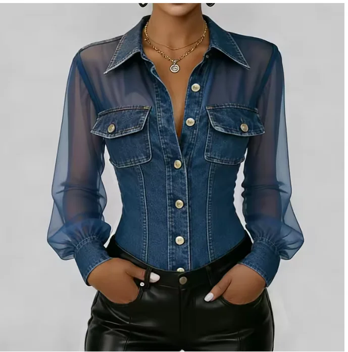 Vintage Denim Sheer Mesh Blouse Women Long Sleeve Button Down Lapel Chest Pockets Fitted Office Lady Shirt Tops
Vintage Denim Sheer Mesh Blouse Women Long Sleeve Button Down Lapel Chest Pockets Fitted Office Lady Shirt Tops