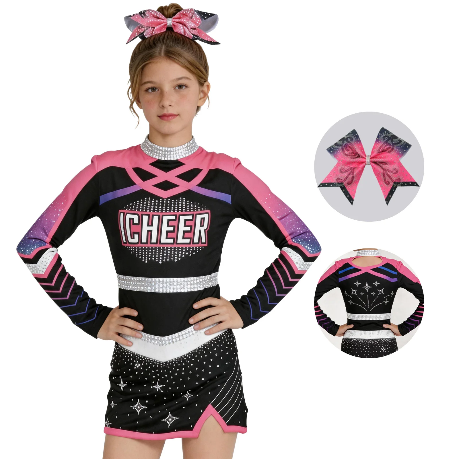 Cheerleading Uniform Girls Long Sleeve Full Set Rhinestone Decor Top Skirt Bow Sparkly Kids Cheerleader Costume Dance Wear Cheer
Cheerleading Uniform Girls Long Sleeve Full Set Rhinestone Decor Top Skirt Bow Sparkly Kids Cheerleader Costume Dance Wear Cheer
