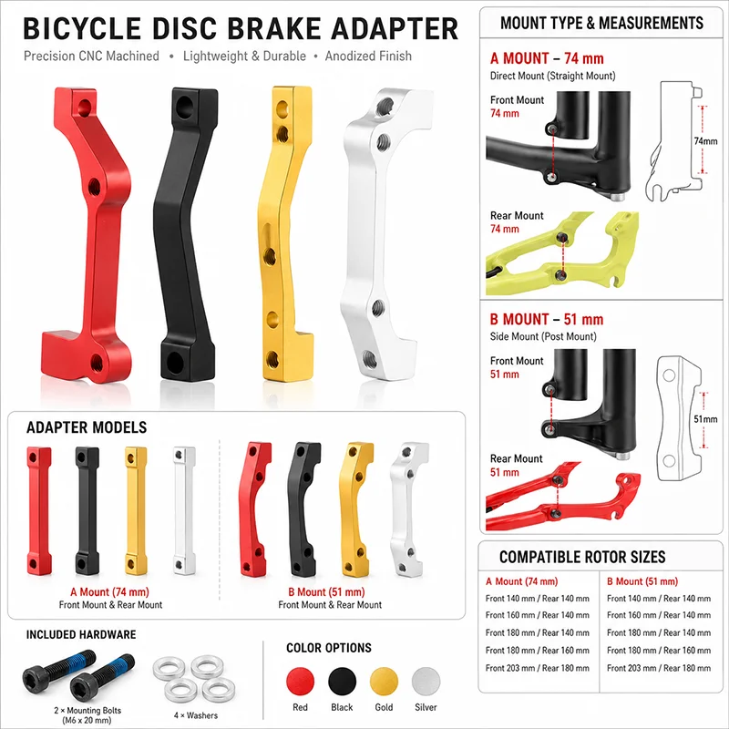 CNC Aluminum Bike Disc Brake Adapter A/B Mount 160 180 203mm Rotor Caliper Spacer Converter with Bolts Washers
CNC Aluminum Bike Disc Brake Adapter A/B Mount 160 180 203mm Rotor Caliper Spacer Converter with Bolts Washers