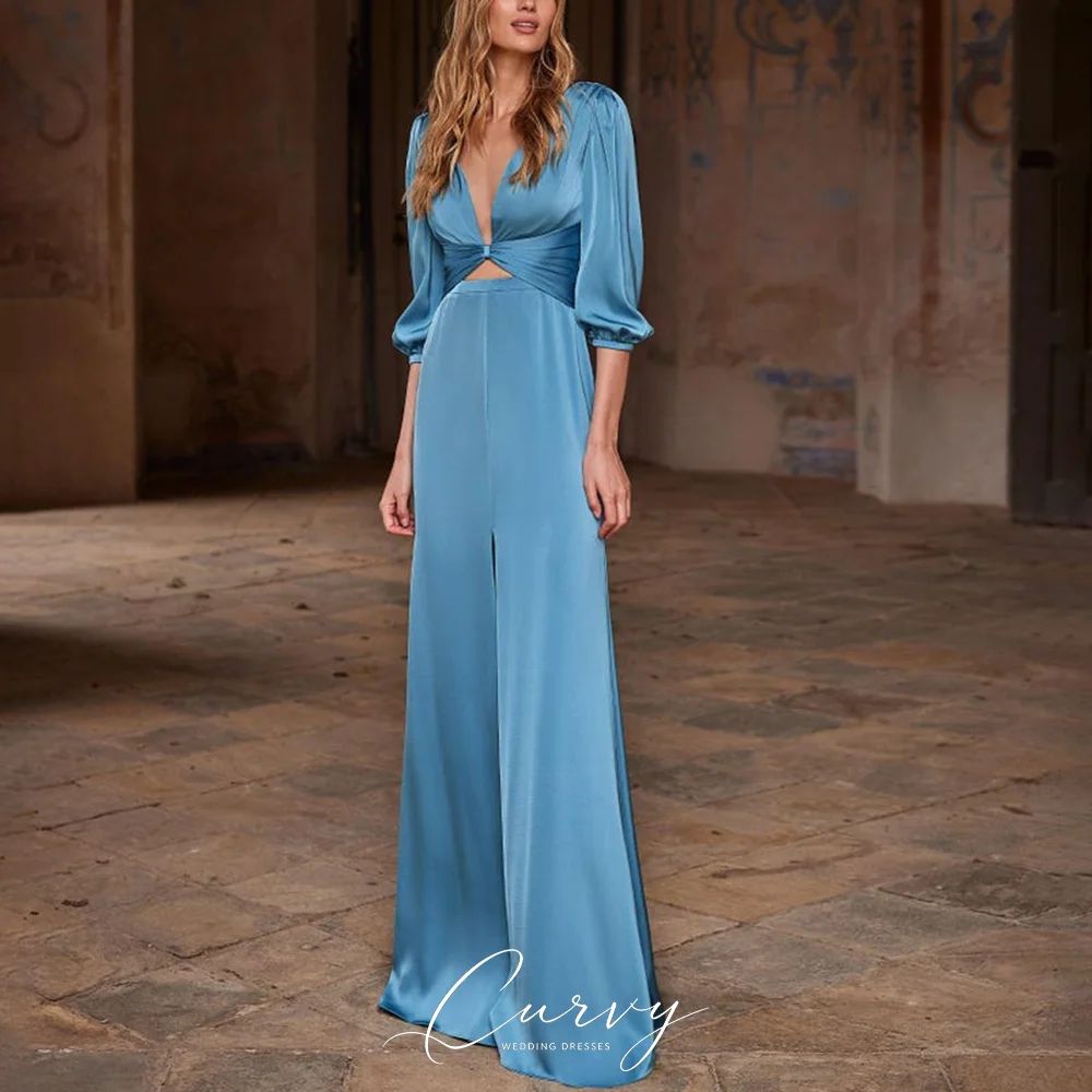 Curvy Regency Lake Blue Satin Evening Dresses for Women with Puff Sleeves Backless Plunge V-Neck High Slit Customized 2026
Curvy Regency Lake Blue Satin Evening Dresses for Women with Puff Sleeves Backless Plunge V-Neck High Slit Customized 2026