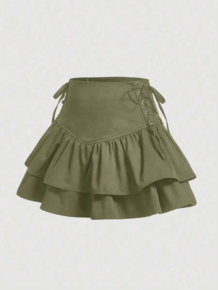 Women Solid Lace Up Side Ruffle Hem Mini Skirt For Summer
Women Solid Lace Up Side Ruffle Hem Mini Skirt For Summer