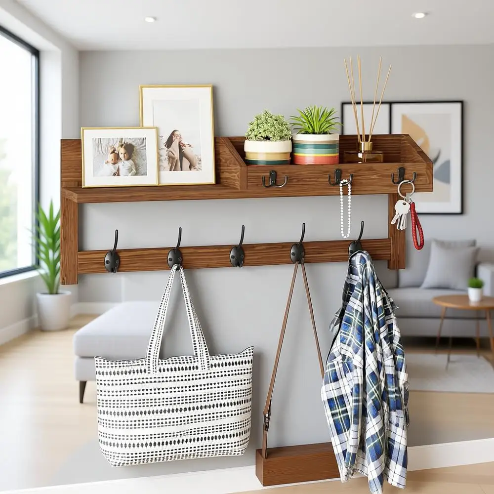 Деревянные настенные крючки с полкой, вешалка для прихожей 26,57 дюйма, 5 двойных крючков и 3 крючка для ключей, органайзер (коричневый)
Деревянные настенные крючки с полкой, вешалка для прихожей 26,57 дюйма, 5 двойных крючков и 3 крючка для ключей, органайзер (коричневый)