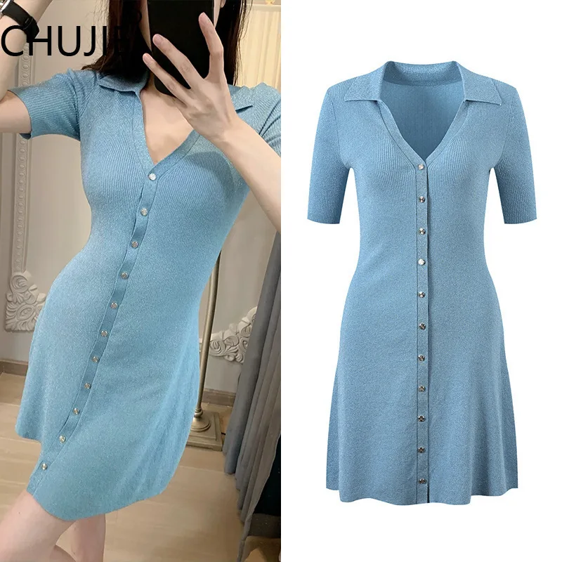CHUJIE French Minimalist V-Neck Dress Single Breasted A-Line Slim Fit Office Dress Sky Blue SS25 with Hidden Pockets
CHUJIE French Minimalist V-Neck Dress Single Breasted A-Line Slim Fit Office Dress Sky Blue SS25 with Hidden Pockets