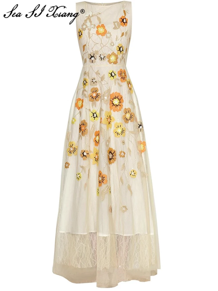 Seasixiang Fashion Designer Spring Mesh Maxi Dress Women O-Neck Sleeveless Sequins Flower Embroidery Elegant Party Long Dresses
Seasixiang Fashion Designer Spring Mesh Maxi Dress Women O-Neck Sleeveless Sequins Flower Embroidery Elegant Party Long Dresses