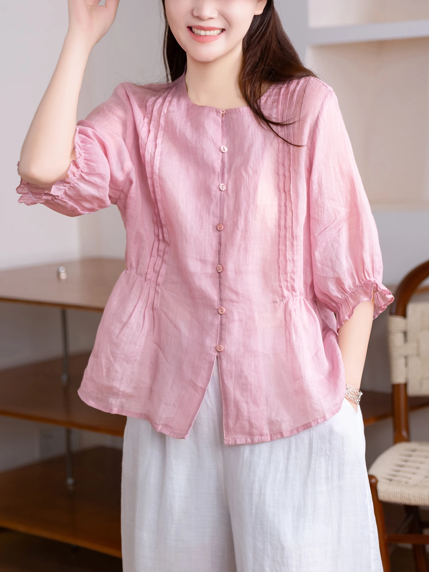 Elegant Women's Shirt with Lantern Sleeves Accordion Pleat Waist Folding 100% Flax Fabric Breathable Summer Casual Wear
Elegant Women's Shirt with Lantern Sleeves Accordion Pleat Waist Folding 100% Flax Fabric Breathable Summer Casual Wear