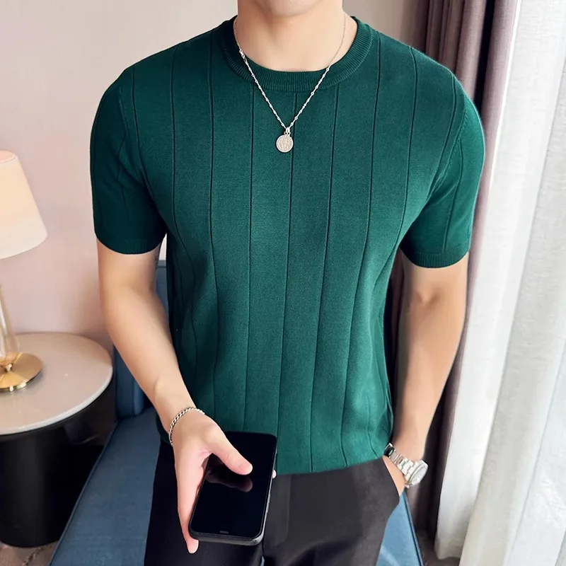 Summer Thin Ice Silk Knitted T-shirts Men Solid Color Stripes Jacquard Elastic Slim Tshirts Round Neck Knit Tee Retro Streetwear
Summer Thin Ice Silk Knitted T-shirts Men Solid Color Stripes Jacquard Elastic Slim Tshirts Round Neck Knit Tee Retro Streetwear