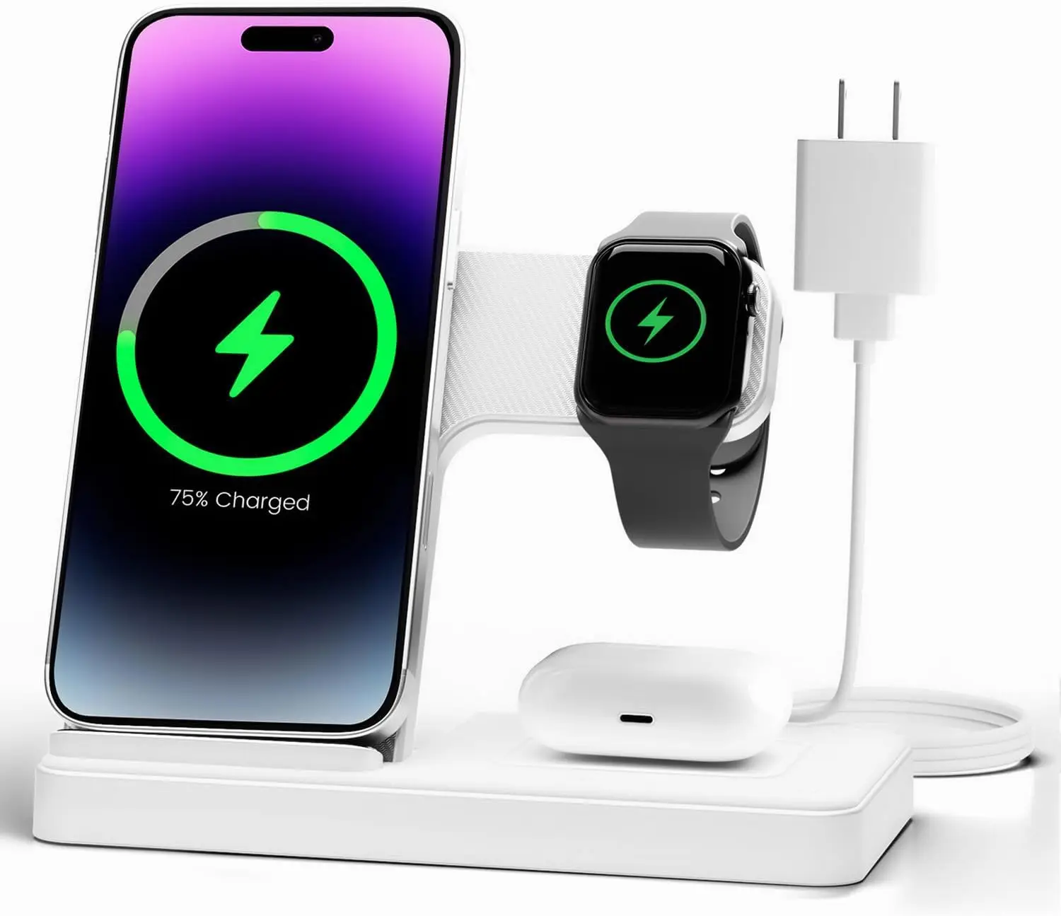 3 in 1 Wireless Charger Stand for iPhone, Watch, AirPods - Fast Charging Station, White
3 in 1 Wireless Charger Stand for iPhone, Watch, AirPods - Fast Charging Station, White
