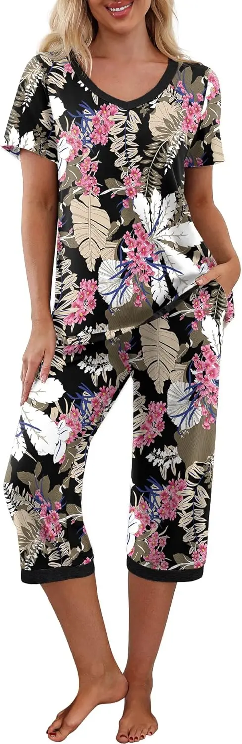 Women's Pajama Set Short Sleeve Shirt and Capri Pants Sleepwear Pjs Sets with Pockets
Women's Pajama Set Short Sleeve Shirt and Capri Pants Sleepwear Pjs Sets with Pockets