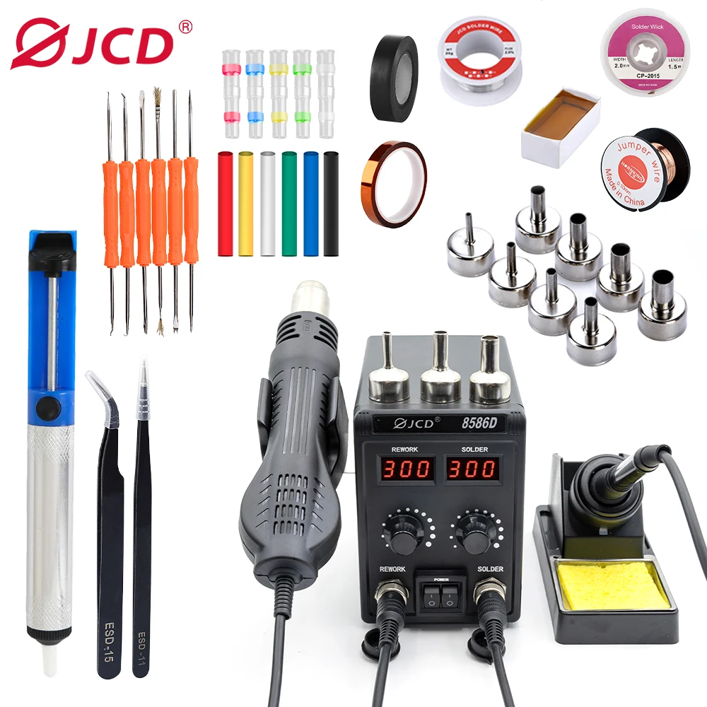 JCD Soldering Station 8586D 2 IN 1 Hot Air Gun Solder Station with 2 Digital display,10-Minute Sleep Mode for SMD Rework 8586D
JCD Soldering Station 8586D 2 IN 1 Hot Air Gun Solder Station with 2 Digital display,10-Minute Sleep Mode for SMD Rework 8586D