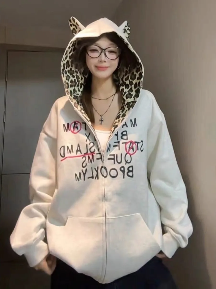 Loose Fit Leopard Print Hooded Open Cardigan Sweatirt ex American Retro Design Couple's Trendy Brand Zipper Jaet
Loose Fit Leopard Print Hooded Open Cardigan Sweatirt ex American Retro Design Couple's Trendy Brand Zipper Jaet