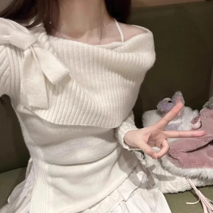 Sweet Bow Slash Neck White Knitted Pullover Sexy Off Shoulder Bottoming Tops Women Y2k Slim Fit Long Sleeve Sweaters Mujer
Sweet Bow Slash Neck White Knitted Pullover Sexy Off Shoulder Bottoming Tops Women Y2k Slim Fit Long Sleeve Sweaters Mujer