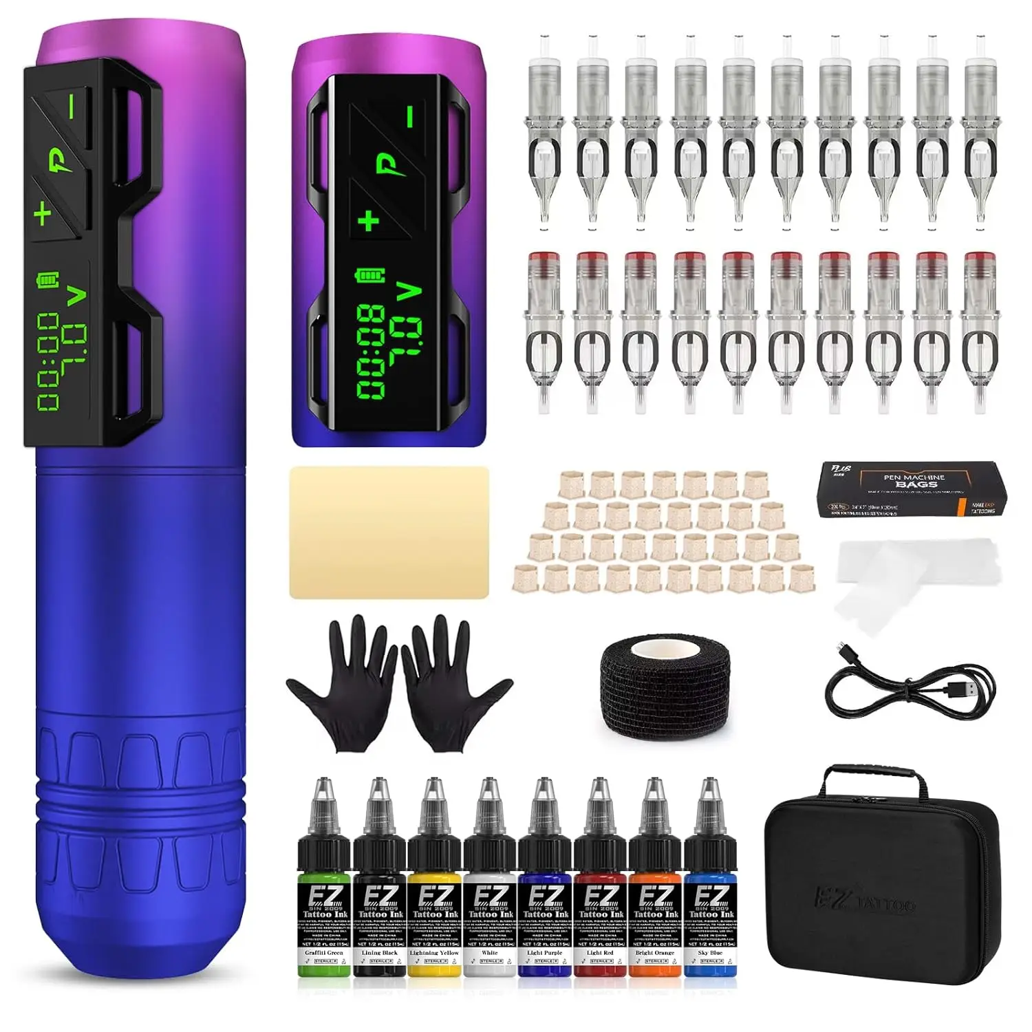 Wireless Tattoo Machine Kit Complete with Rotary Pen, 20 Cartridge Needles, 1800mAh Battery, 8 Inks - Purple
Wireless Tattoo Machine Kit Complete with Rotary Pen, 20 Cartridge Needles, 1800mAh Battery, 8 Inks - Purple