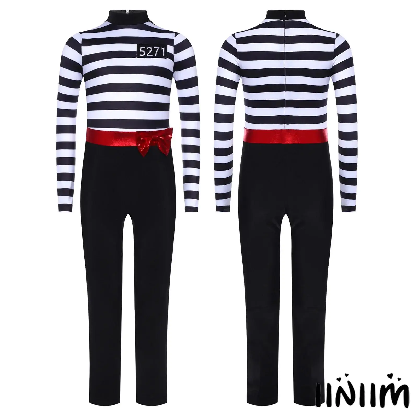 Girls Halloween Prisoner Cosplay Dress Up Costume Zipper Long Sleeve Contrast Color Stripes Jumpsuit with Non-detachable Bow Set
Girls Halloween Prisoner Cosplay Dress Up Costume Zipper Long Sleeve Contrast Color Stripes Jumpsuit with Non-detachable Bow Set
