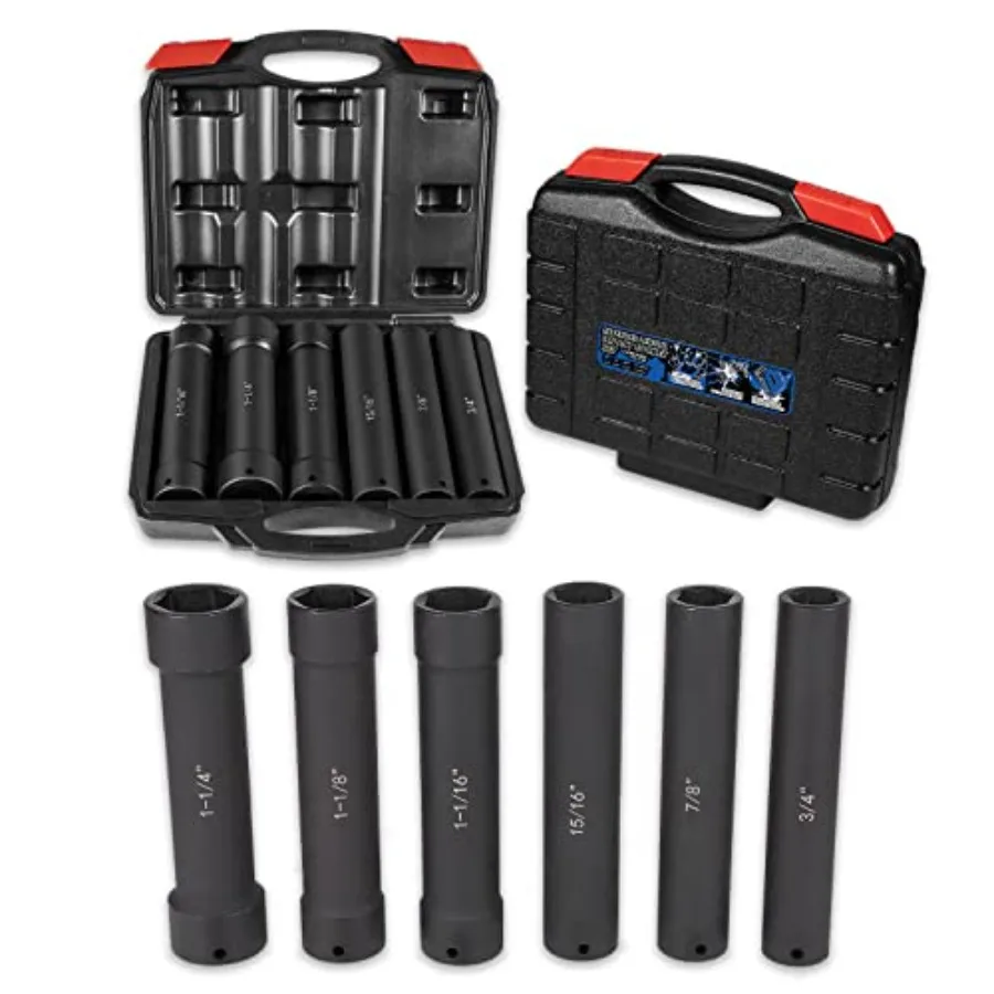 1/2 Inch Drive Extended Length Impact Socket Set 6 Sizes - Hex Sizes 3/4", 7/8", 15/16", 1-1/16", 1-1/8", 1-1/4"Extra-Deep Leng
1/2 Inch Drive Extended Length Impact Socket Set 6 Sizes - Hex Sizes 3/4", 7/8", 15/16", 1-1/16", 1-1/8", 1-1/4"Extra-Deep Leng