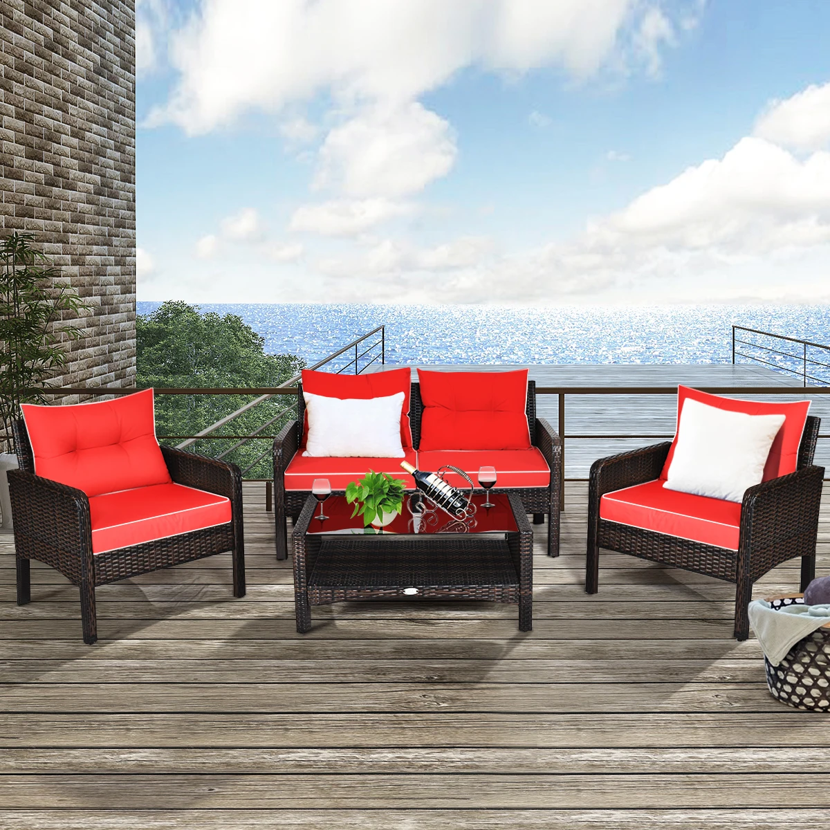 4PCS Patio Rattan Furniture Set Loveseat Sofa Coffee Table Garden W/Red Cushion
4PCS Patio Rattan Furniture Set Loveseat Sofa Coffee Table Garden W/Red Cushion