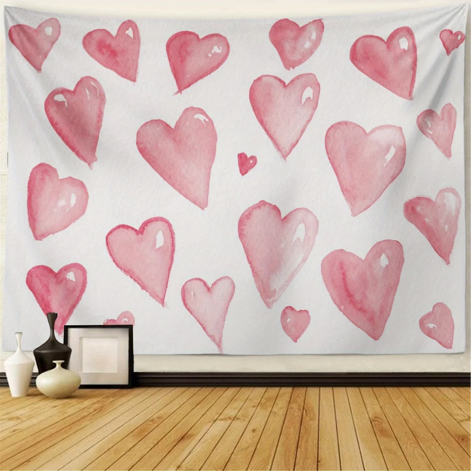 One watercolor heart-patterned tapestry, machine washable polyester, suitable for bedroom and living room decoration.
One watercolor heart-patterned tapestry, machine washable polyester, suitable for bedroom and living room decoration.