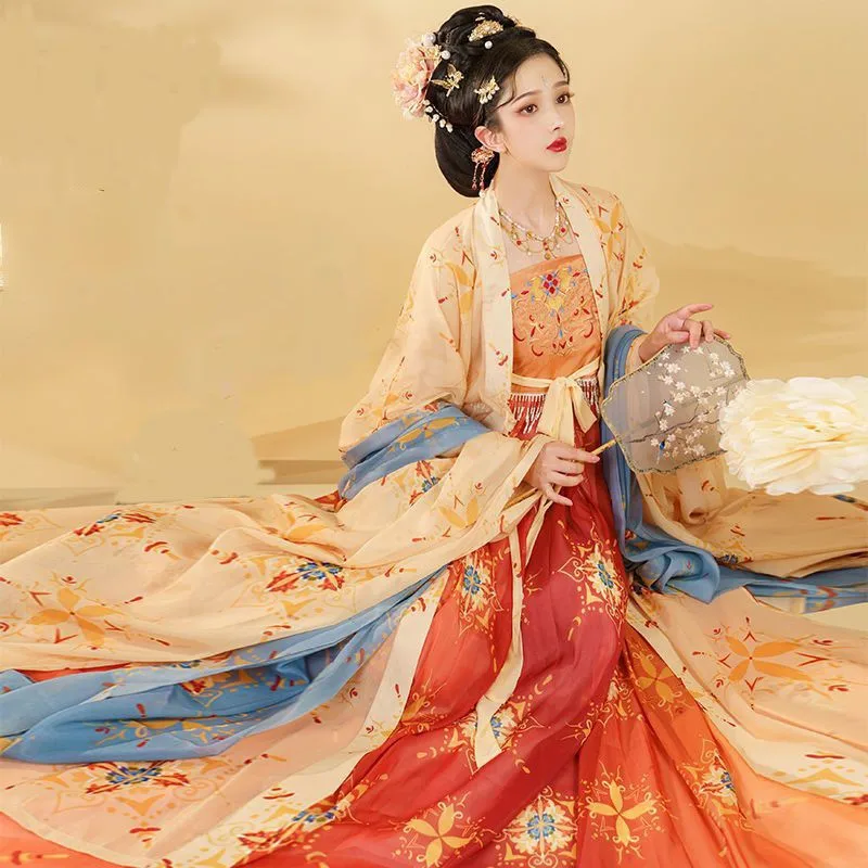 Китайское женское длинное платье династии Тан, рубашка с большими рукавами, рубашка в стиле Тан, вышитый комплект из трех предметов для взрослых на весну и осень 
Китайское женское длинное платье династии Тан, рубашка с большими рукавами, рубашка в стиле Тан, вышитый комплект из трех предметов для взрослых на весну и осень