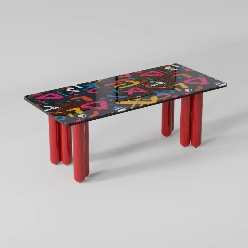 Современный минималистичный светлый роскошный художественный стеклянный обеденный стол, красный минималистичный длинный обеденный стол в стиле граффити 
Современный минималистичный светлый роскошный художественный стеклянный обеденный стол, красный минималистичный длинный обеденный стол в стиле граффити
