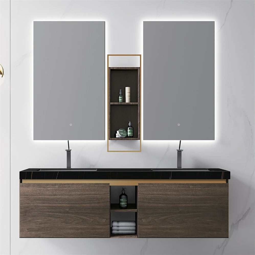 64 Inch Wall Mounted Dual Sink Wood Color Veneer Finish Plywood Bathroom Furniture with LED Mirror
64 Inch Wall Mounted Dual Sink Wood Color Veneer Finish Plywood Bathroom Furniture with LED Mirror