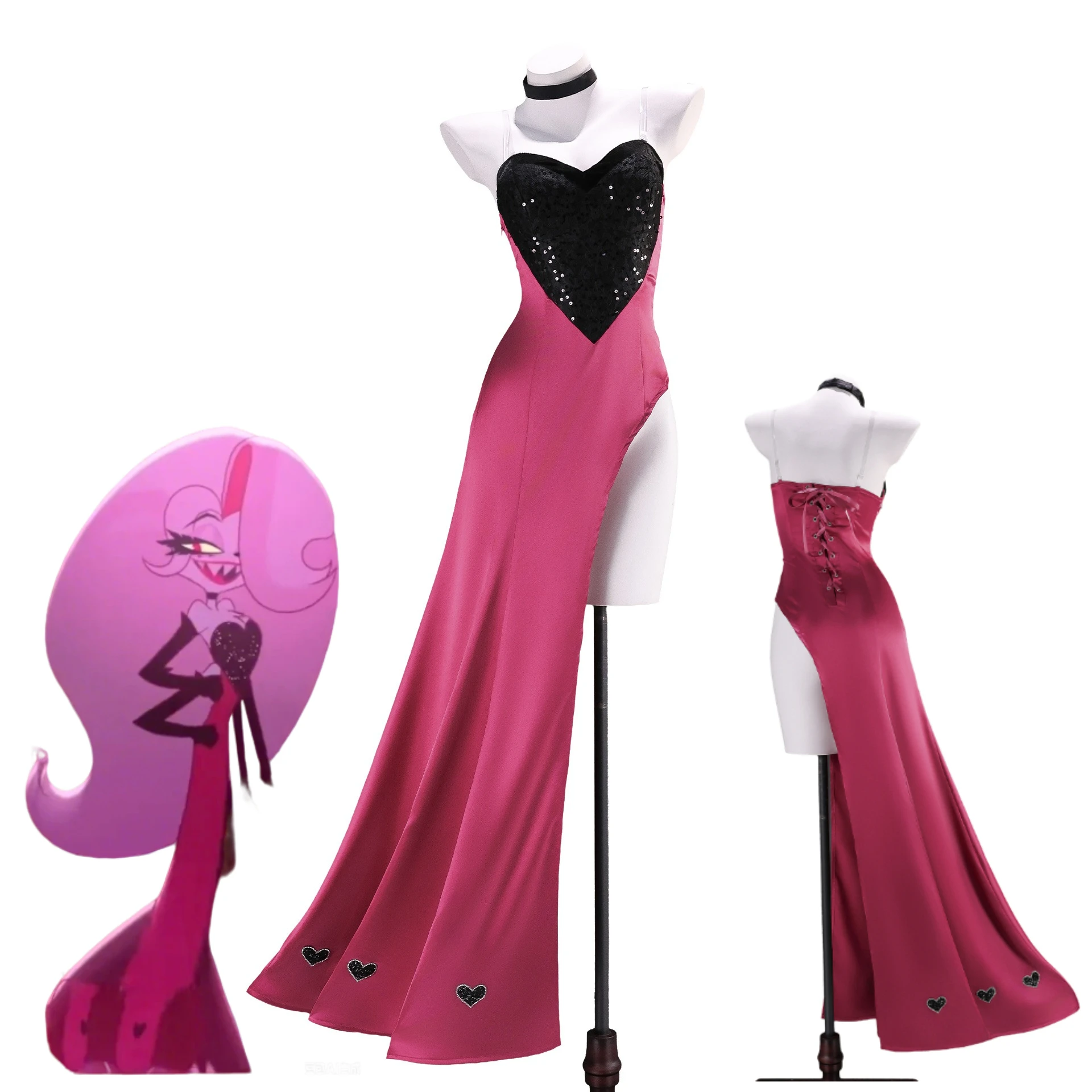Angel Dust Cosplay Costume Heart Sequin Spaghetti Strap Mermaid Dress Pink Satin High Side Slit Long Gown Black Choker set
Angel Dust Cosplay Costume Heart Sequin Spaghetti Strap Mermaid Dress Pink Satin High Side Slit Long Gown Black Choker set