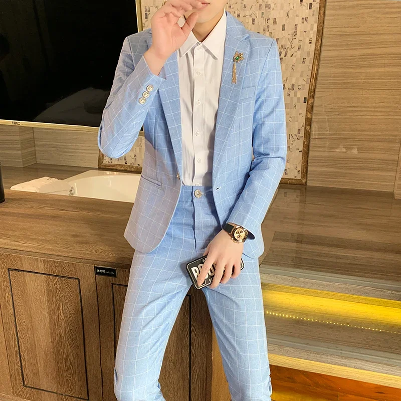 Осень 2021, мужской приталенный клетчатый костюм из двух предметов, красивый модный костюм в корейском стиле и комплект брюк 
Осень 2021, мужской приталенный клетчатый костюм из двух предметов, красивый модный костюм в корейском стиле и комплект брюк