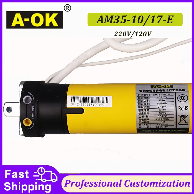 A-OK AM35 10/17 230V/120V Rolling Tubular Motor,RF433 Remote, for 40/45mm/47mm/50mm Tube,for Rolling Blinds
A-OK AM35 10/17 230V/120V Rolling Tubular Motor,RF433 Remote, for 40/45mm/47mm/50mm Tube,for Rolling Blinds