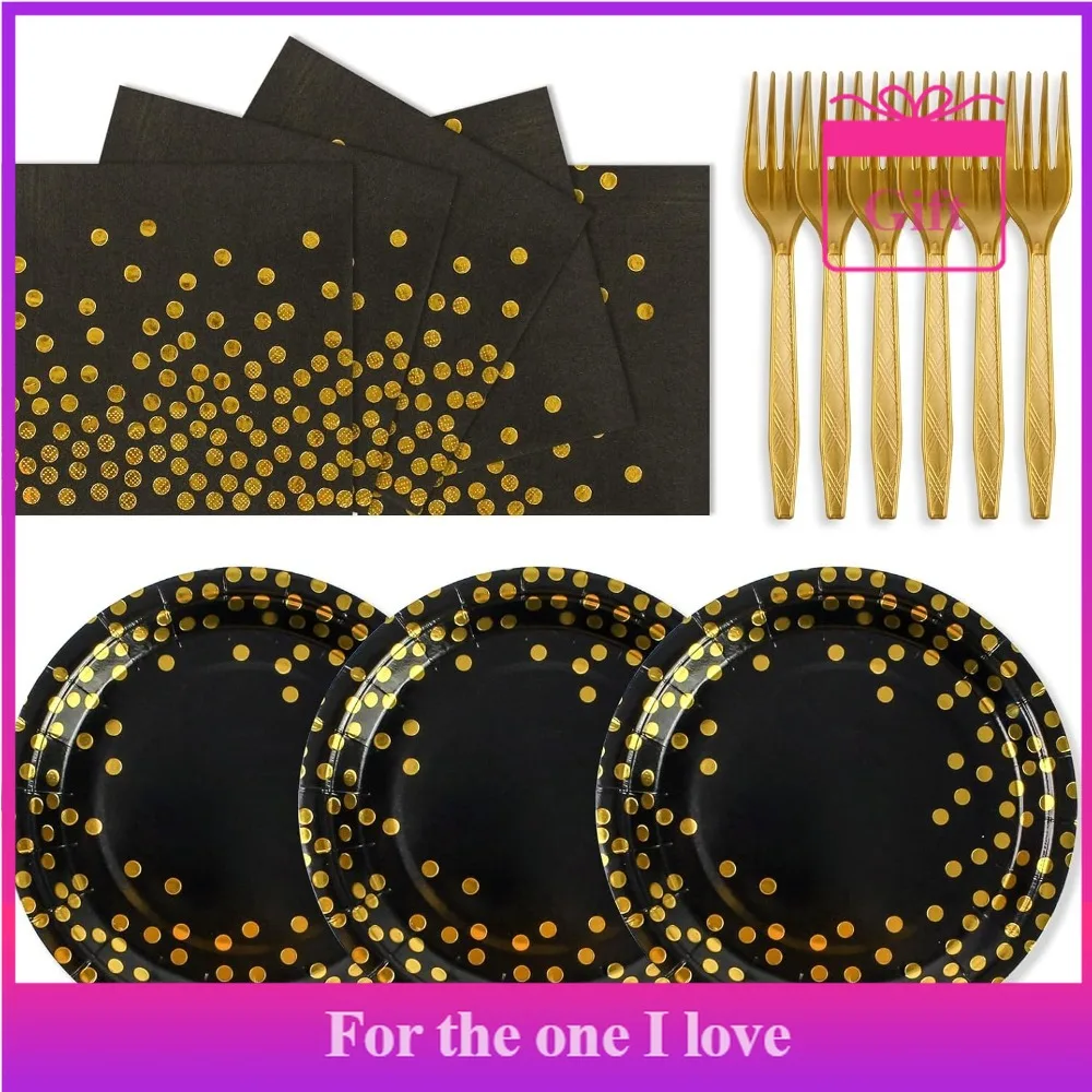 75-Piece Paper Plate and Napkin Set - Includes paper plates and napkins, black and gold polka dot disposable party cutlery
75-Piece Paper Plate and Napkin Set - Includes paper plates and napkins, black and gold polka dot disposable party cutlery