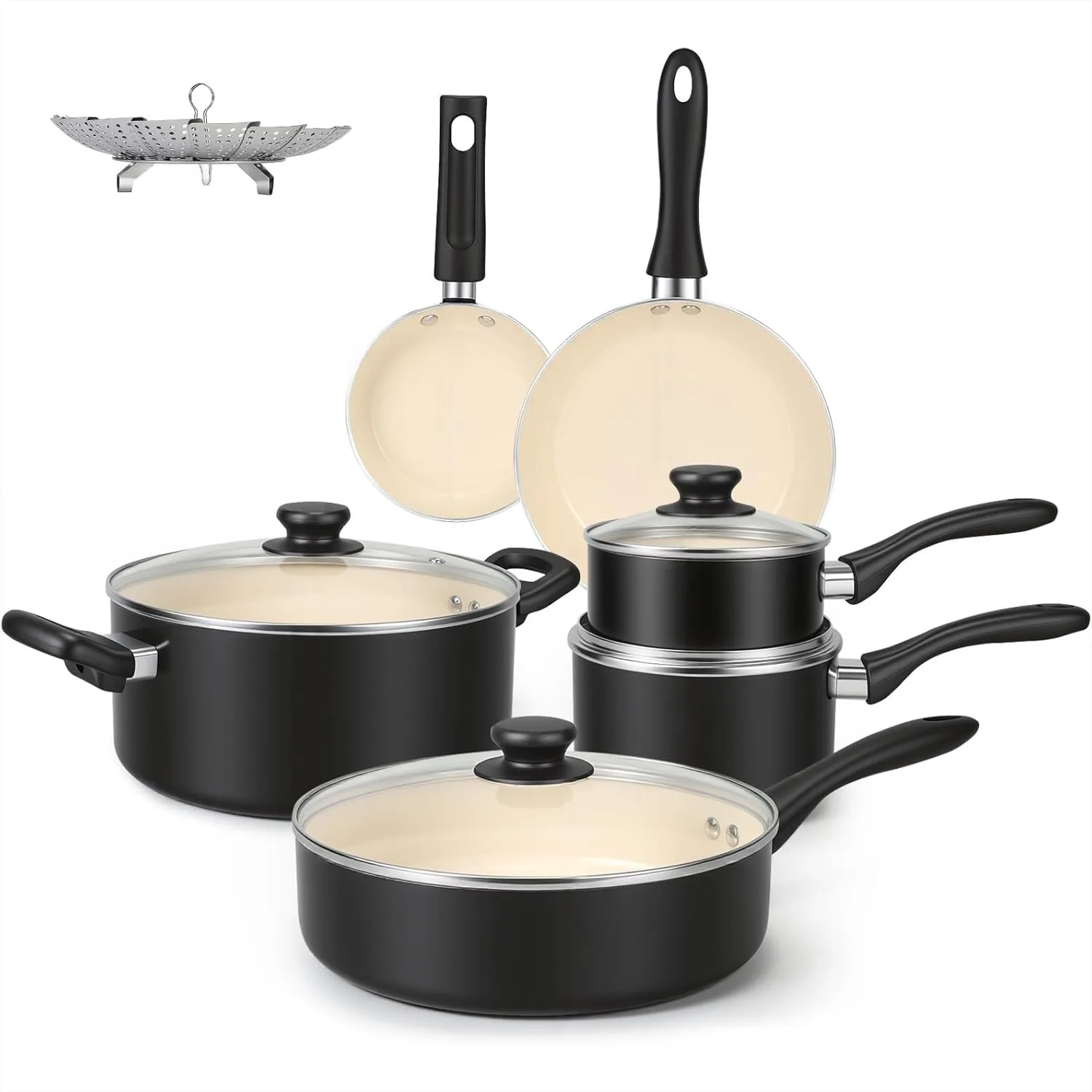 11-Piece Ceramic Non-Stick Pots and Pans Set, Dishwasher & Oven Safe, Easy Clean, Glass Lids
11-Piece Ceramic Non-Stick Pots and Pans Set, Dishwasher & Oven Safe, Easy Clean, Glass Lids