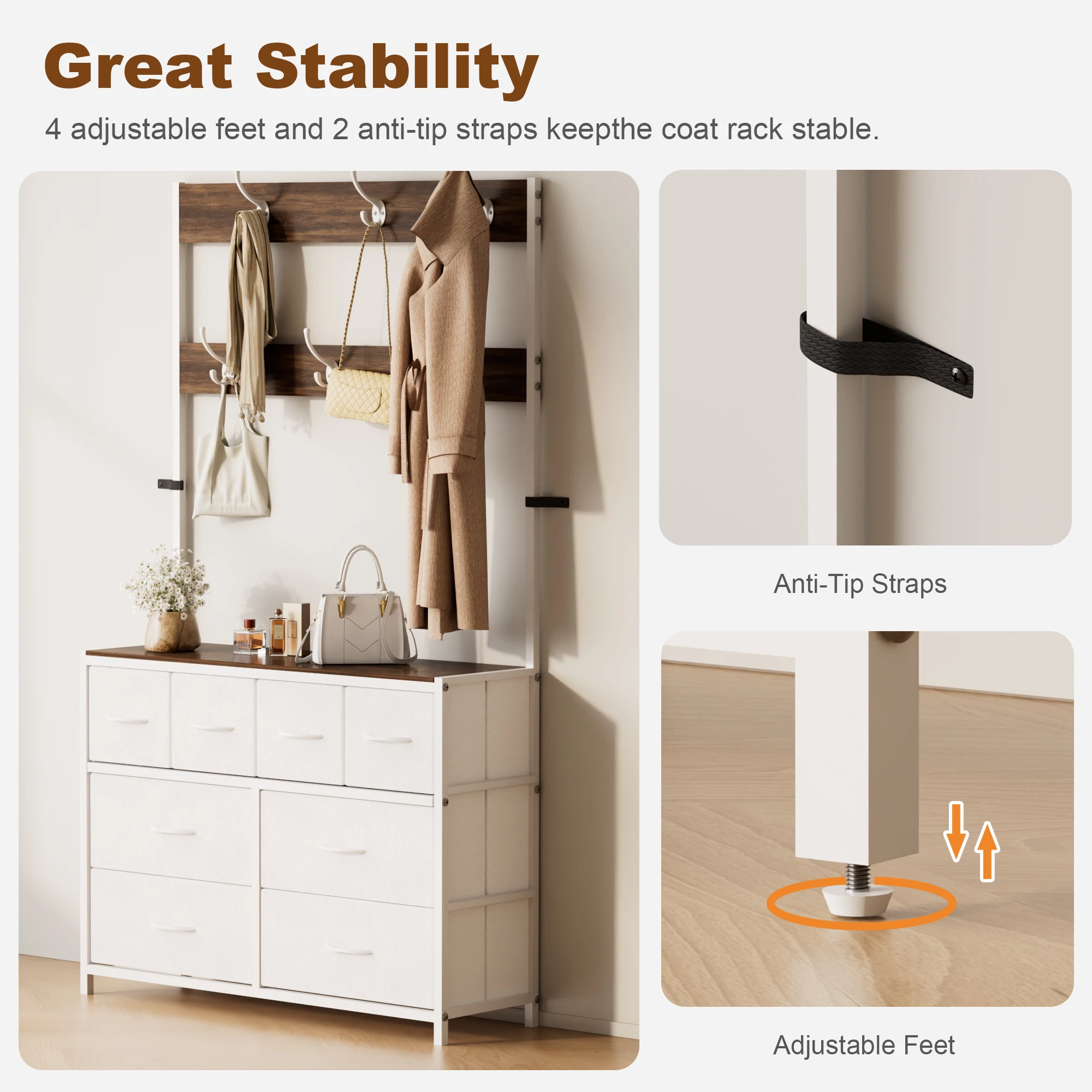 Clothing storage cabinet with 8 fabric-lined drawers, paired with a living room storage cabinet featuring 6 double hooks
Clothing storage cabinet with 8 fabric-lined drawers, paired with a living room storage cabinet featuring 6 double hooks