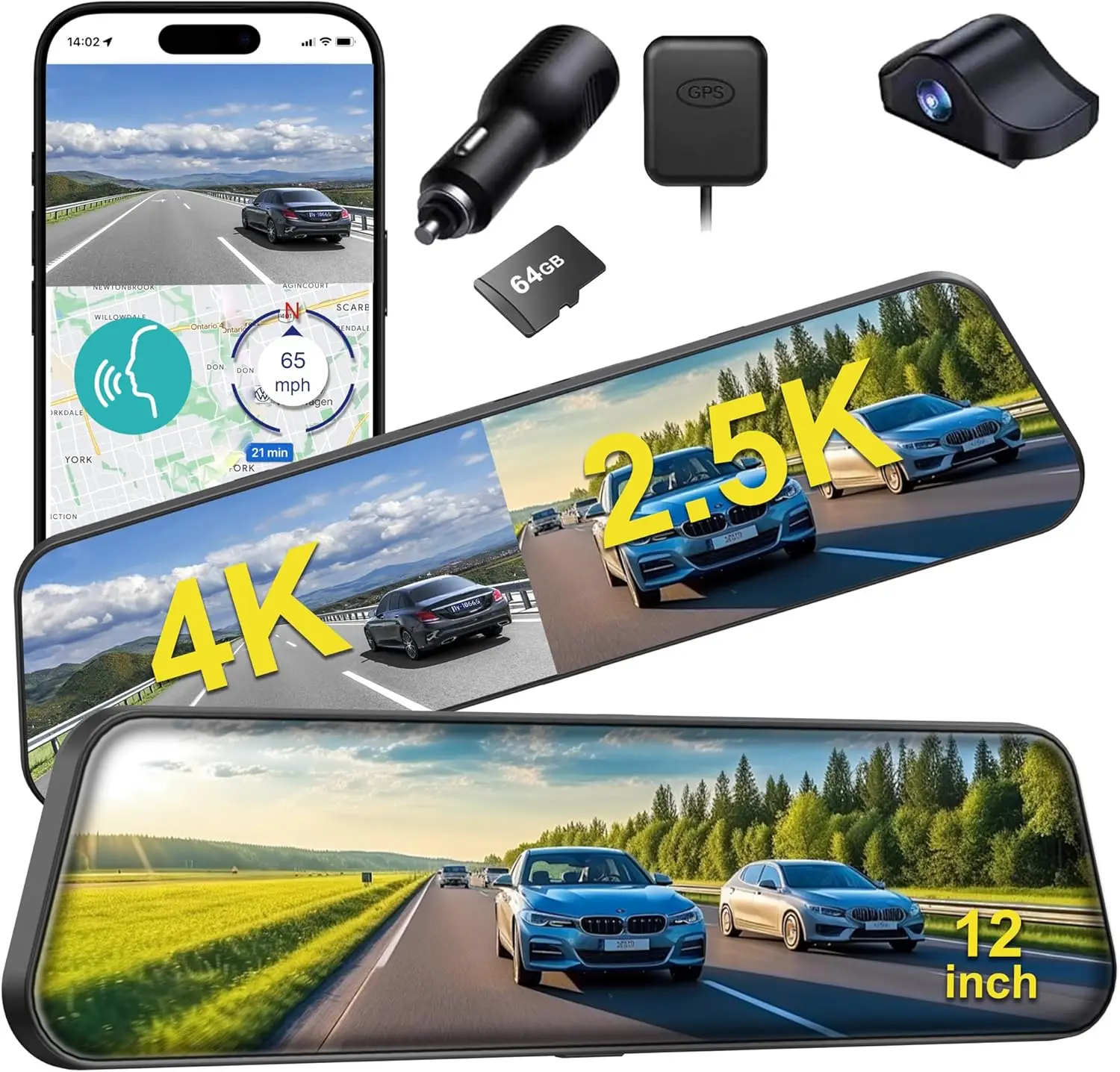 12'' 4K Rear View Mirror Camera, 4K+2.5K Dual Dash Cam, ADAS BSD, Night Vision, Parking Monitor, 64GB Card & GPS
12'' 4K Rear View Mirror Camera, 4K+2.5K Dual Dash Cam, ADAS BSD, Night Vision, Parking Monitor, 64GB Card & GPS