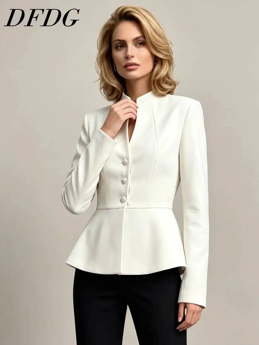 DFDG Women 2026 Spring Autumn Stand Collar Blazer Single Breasted Buttons Waist Peplum Hem Long Sleeve Formal Office Jacket
DFDG Women 2026 Spring Autumn Stand Collar Blazer Single Breasted Buttons Waist Peplum Hem Long Sleeve Formal Office Jacket