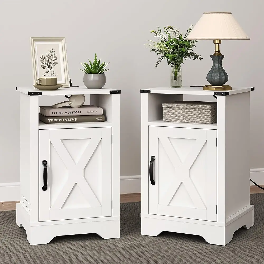 Farmhouse Nightstand, White End Table With Charging Station, Tall Bedside Table With Large Storage Room And Shelf, Wooden 
Farmhouse Nightstand, White End Table With Charging Station, Tall Bedside Table With Large Storage Room And Shelf, Wooden