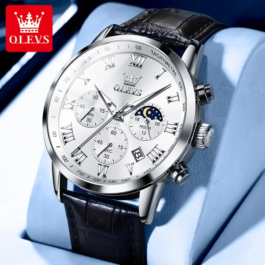 OLEVS Fashion Business Men's Watches Moon Phase Original Leather Strap Roman Scale Quartz Watch for Man Date Luminous Wristwatch
OLEVS Fashion Business Men's Watches Moon Phase Original Leather Strap Roman Scale Quartz Watch for Man Date Luminous Wristwatch
