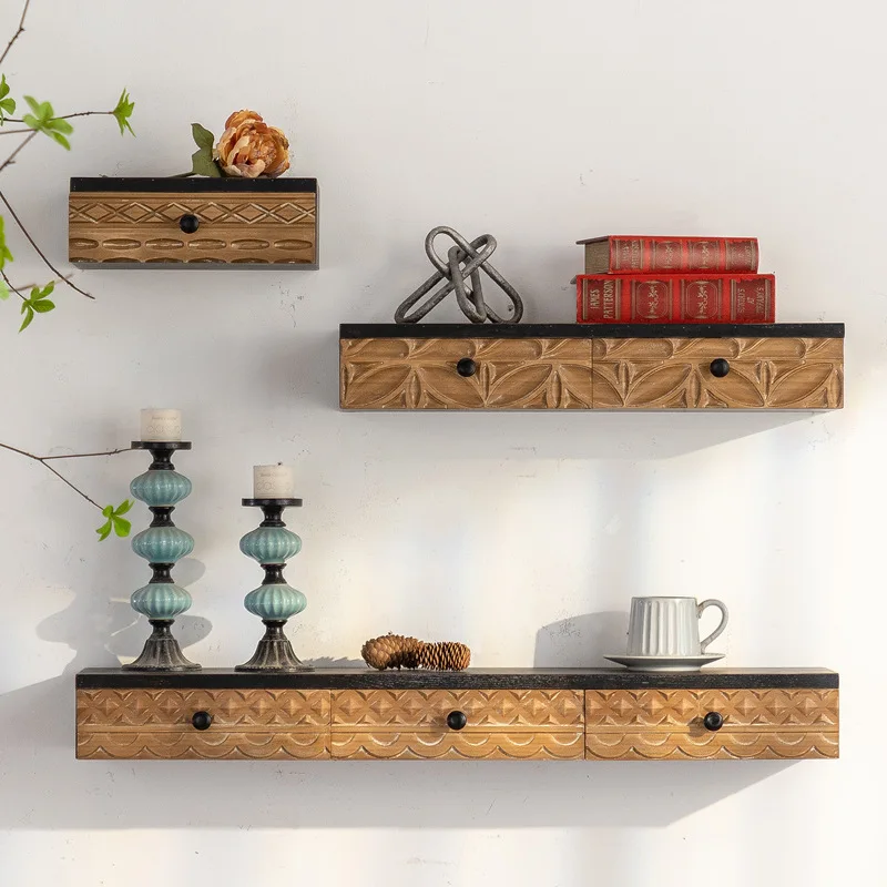 Pastoral retro homestay carved rack background decorative rack creative shelf with drawers old wall hanging hanging cabinet
Pastoral retro homestay carved rack background decorative rack creative shelf with drawers old wall hanging hanging cabinet