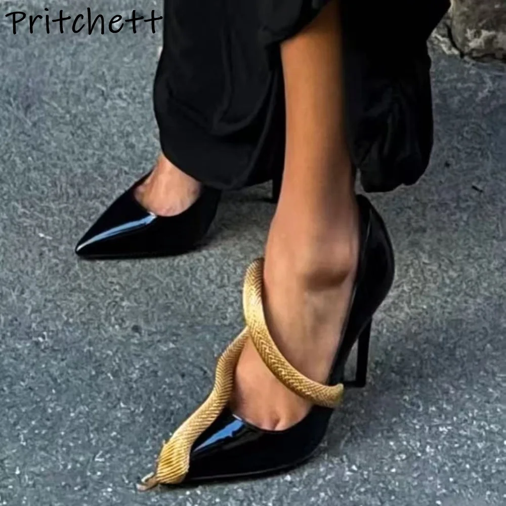 Металлические туфли-лодочки со змеиным крестом, черное золото, лакированная кожа, туфли без шнуровки на тонком каблуке с острым носком, женские пикантные туфли на шпильке
Металлические туфли-лодочки со змеиным крестом, черное золото, лакированная кожа, туфли без шнуровки на тонком каблуке с острым носком, женские пикантные туфли на шпильке